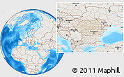 Shaded Relief Location Map of Romania, lighten, land only