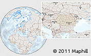 Shaded Relief Location Map of Romania, lighten, semi-desaturated