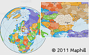 Shaded Relief Location Map of Romania, political outside