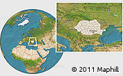 Shaded Relief Location Map of Romania, satellite outside