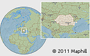 Shaded Relief Location Map of Romania, savanna style outside, hill shading