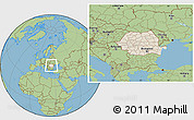 Shaded Relief Location Map of Romania, savanna style outside