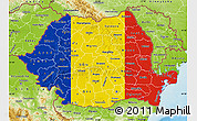 Flag Map of Romania, physical outside, flag centered