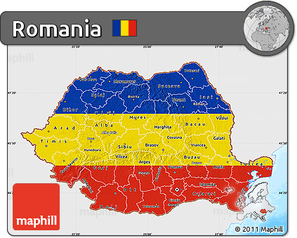 Flag Map of Romania, single color outside, bathymetry sea, flag rotated