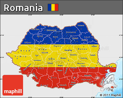Flag Map of Romania, single color outside, bathymetry sea, flag rotated