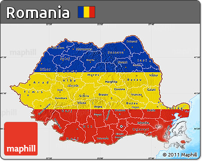 Flag Map of Romania, single color outside, bathymetry sea, flag rotated