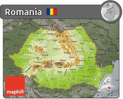 Physical Map of Romania, darken, semi-desaturated