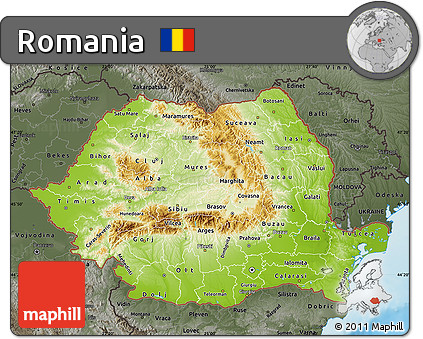 Physical Map of Romania, darken, semi-desaturated, land only