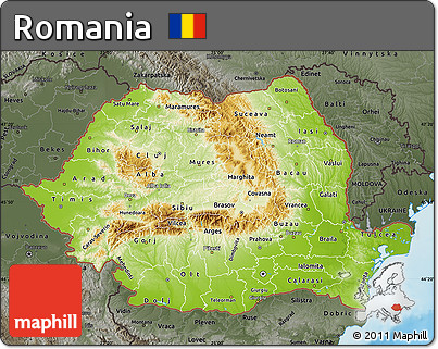 Physical Map of Romania, darken, semi-desaturated, land only