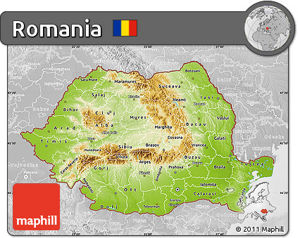 Physical Map of Romania, lighten, desaturated