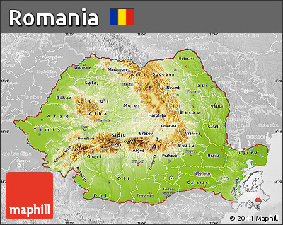 Physical Map of Romania, lighten, desaturated