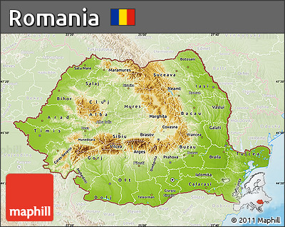 Physical Map of Romania, lighten, land only