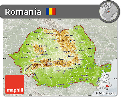 Physical Map of Romania, lighten, semi-desaturated