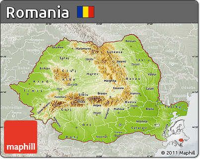 Physical Map of Romania, lighten, semi-desaturated