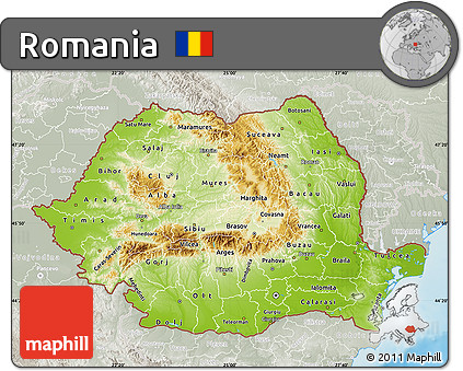 Physical Map of Romania, lighten, semi-desaturated, land only