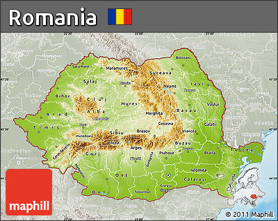Physical Map of Romania, lighten, semi-desaturated, land only