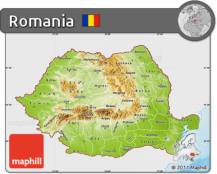 Physical Map of Romania, single color outside