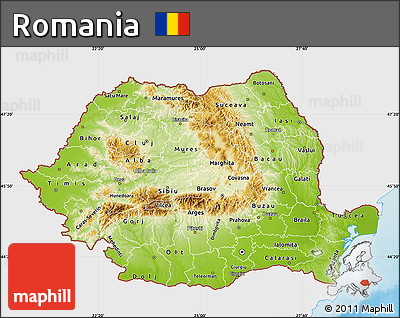 Physical Map of Romania, single color outside