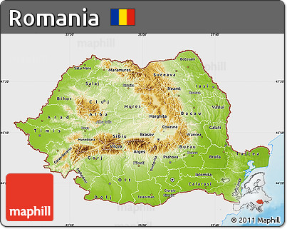 Physical Map of Romania, single color outside