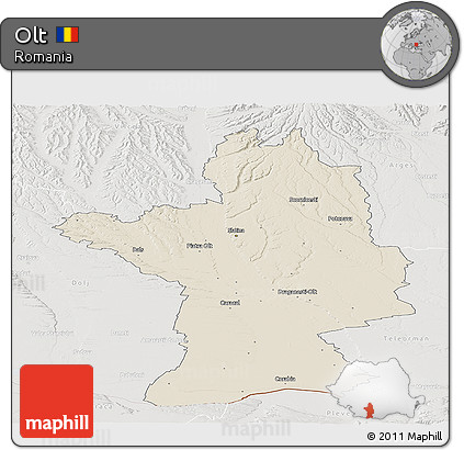 Shaded Relief Panoramic Map of Olt, lighten, semi-desaturated