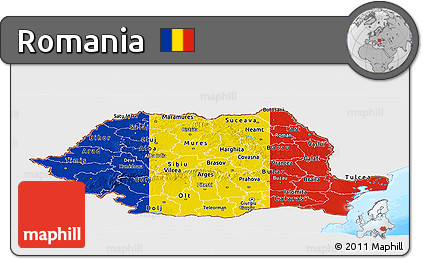 Flag Panoramic Map of Romania, single color outside, bathymetry sea, flag centered