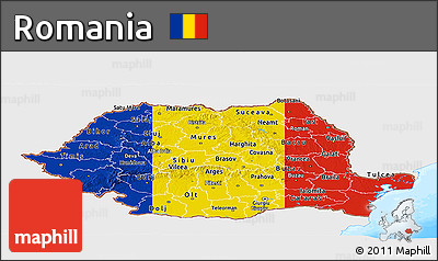 Flag Panoramic Map of Romania, single color outside, bathymetry sea, flag centered