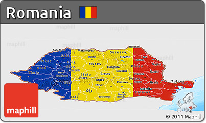 Flag Panoramic Map of Romania, single color outside, bathymetry sea, flag centered