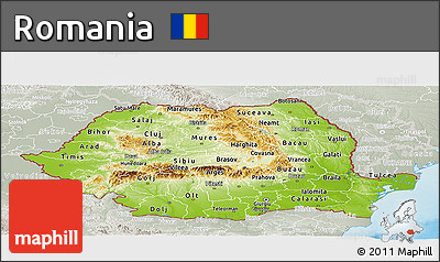 Physical Panoramic Map of Romania, lighten, semi-desaturated, land only