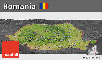 Satellite Panoramic Map of Romania, darken, desaturated