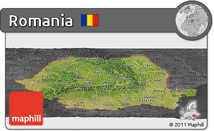 Satellite Panoramic Map of Romania, darken, desaturated