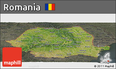 Satellite Panoramic Map of Romania, darken, semi-desaturated