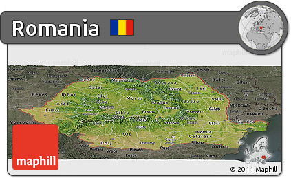 Satellite Panoramic Map of Romania, darken, semi-desaturated