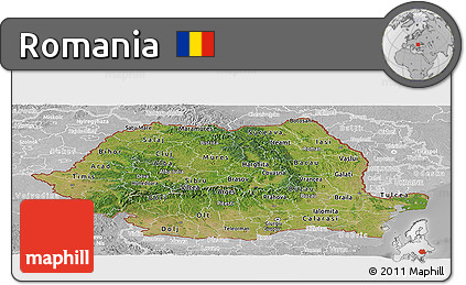 Satellite Panoramic Map of Romania, lighten, desaturated