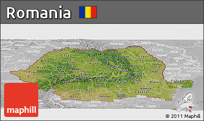 Satellite Panoramic Map of Romania, lighten, desaturated