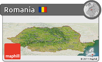 Satellite Panoramic Map of Romania, lighten, land only