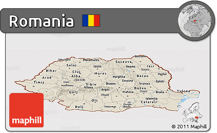 Shaded Relief Panoramic Map of Romania, cropped outside