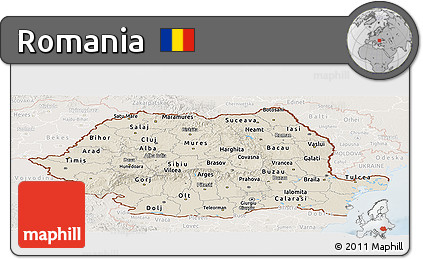 Shaded Relief Panoramic Map of Romania, lighten