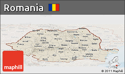 Shaded Relief Panoramic Map of Romania, lighten