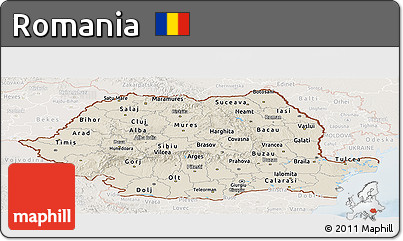 Shaded Relief Panoramic Map of Romania, lighten