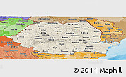 Shaded Relief Panoramic Map of Romania, political shades outside