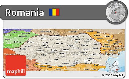 Shaded Relief Panoramic Map of Romania, political shades outside, shaded relief sea