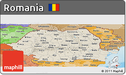 Shaded Relief Panoramic Map of Romania, political shades outside, shaded relief sea