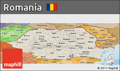 Shaded Relief Panoramic Map of Romania, political shades outside, shaded relief sea