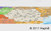 Shaded Relief Panoramic Map of Romania, political shades outside, shaded relief sea