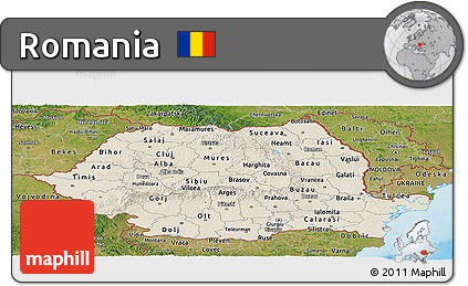 Shaded Relief Panoramic Map of Romania, satellite outside, shaded relief sea