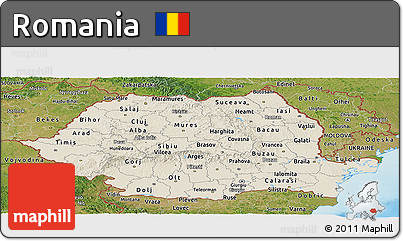 Shaded Relief Panoramic Map of Romania, satellite outside, shaded relief sea