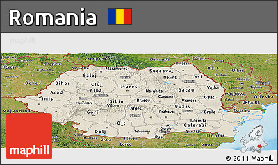 Shaded Relief Panoramic Map of Romania, satellite outside, shaded relief sea
