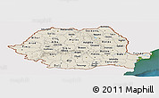 Shaded Relief Panoramic Map of Romania, single color outside, satellite sea