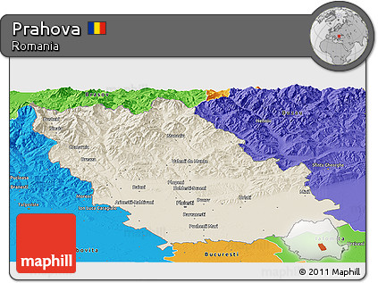 Shaded Relief Panoramic Map of Prahova, political outside