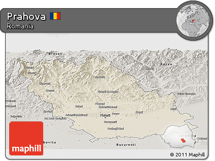 Shaded Relief Panoramic Map of Prahova, semi-desaturated